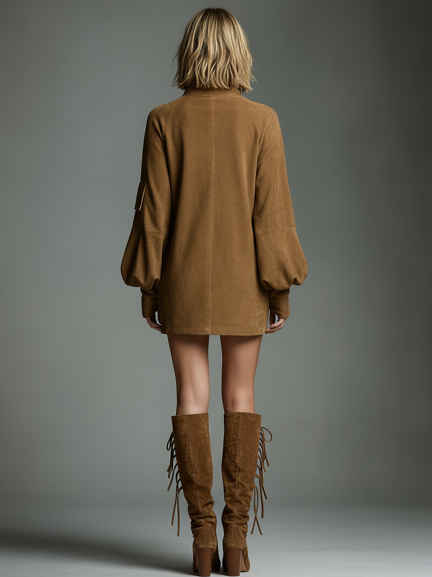 Vintage Suede Turtleneck Mini Dress – Effortless Chic Style