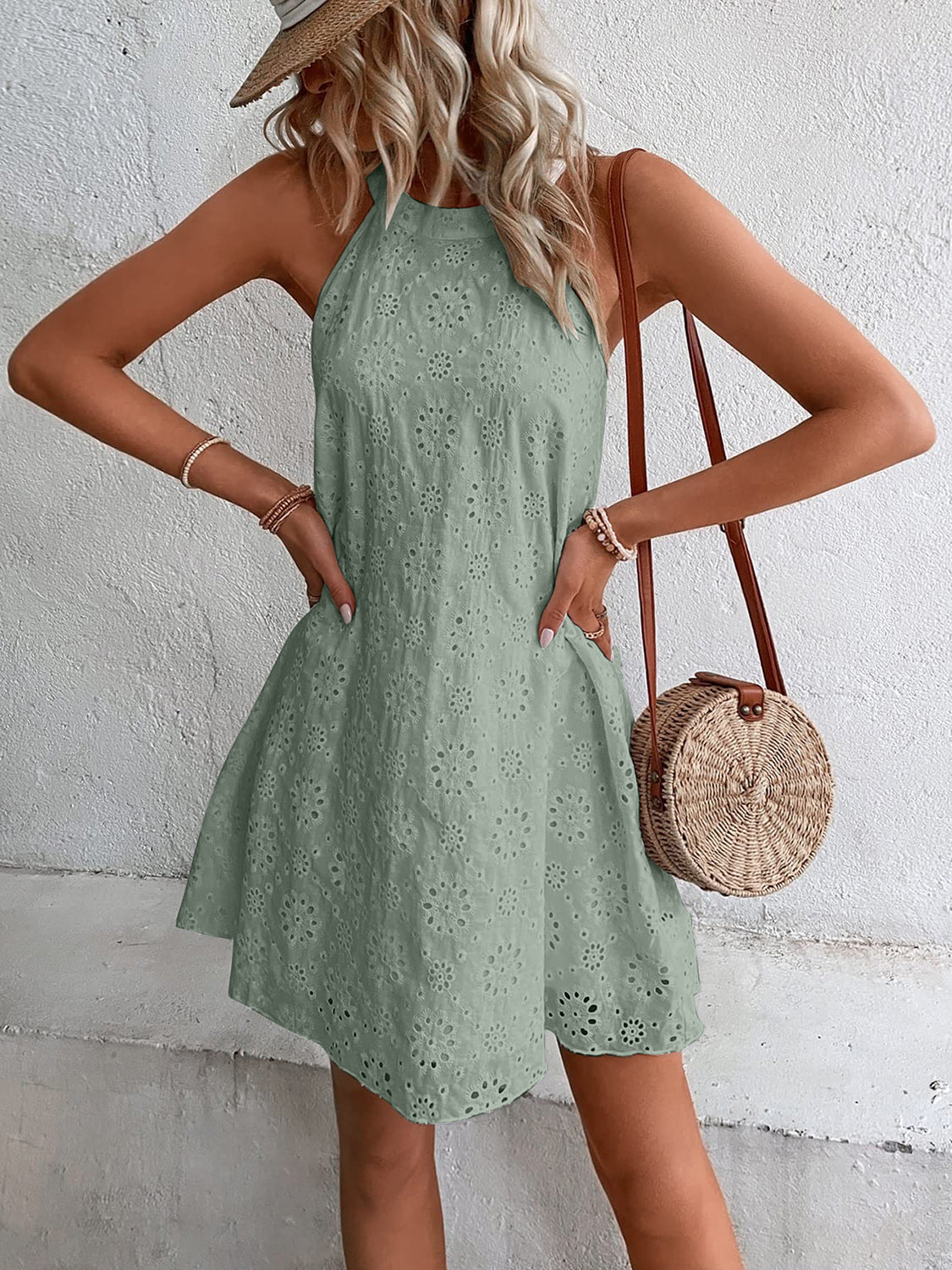 Eyelet Neck Mini Dress