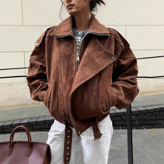 Oversized Suede Look Bomber Jacket with Asymmetric Zipper
