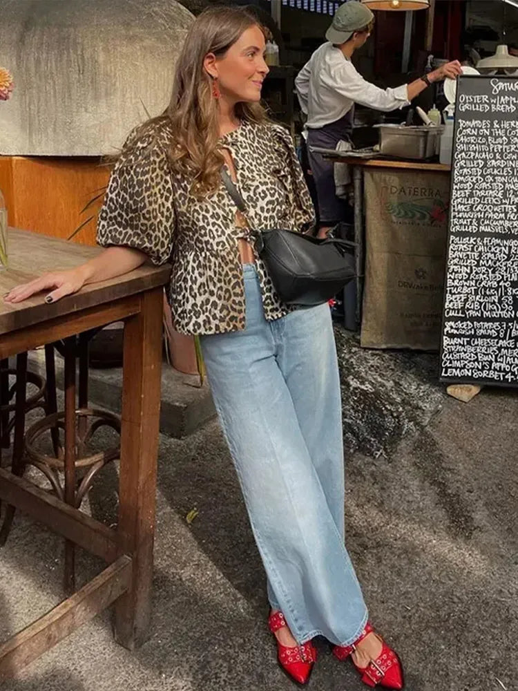 Leopard Print Puff Sleeve Top with Bow Accent