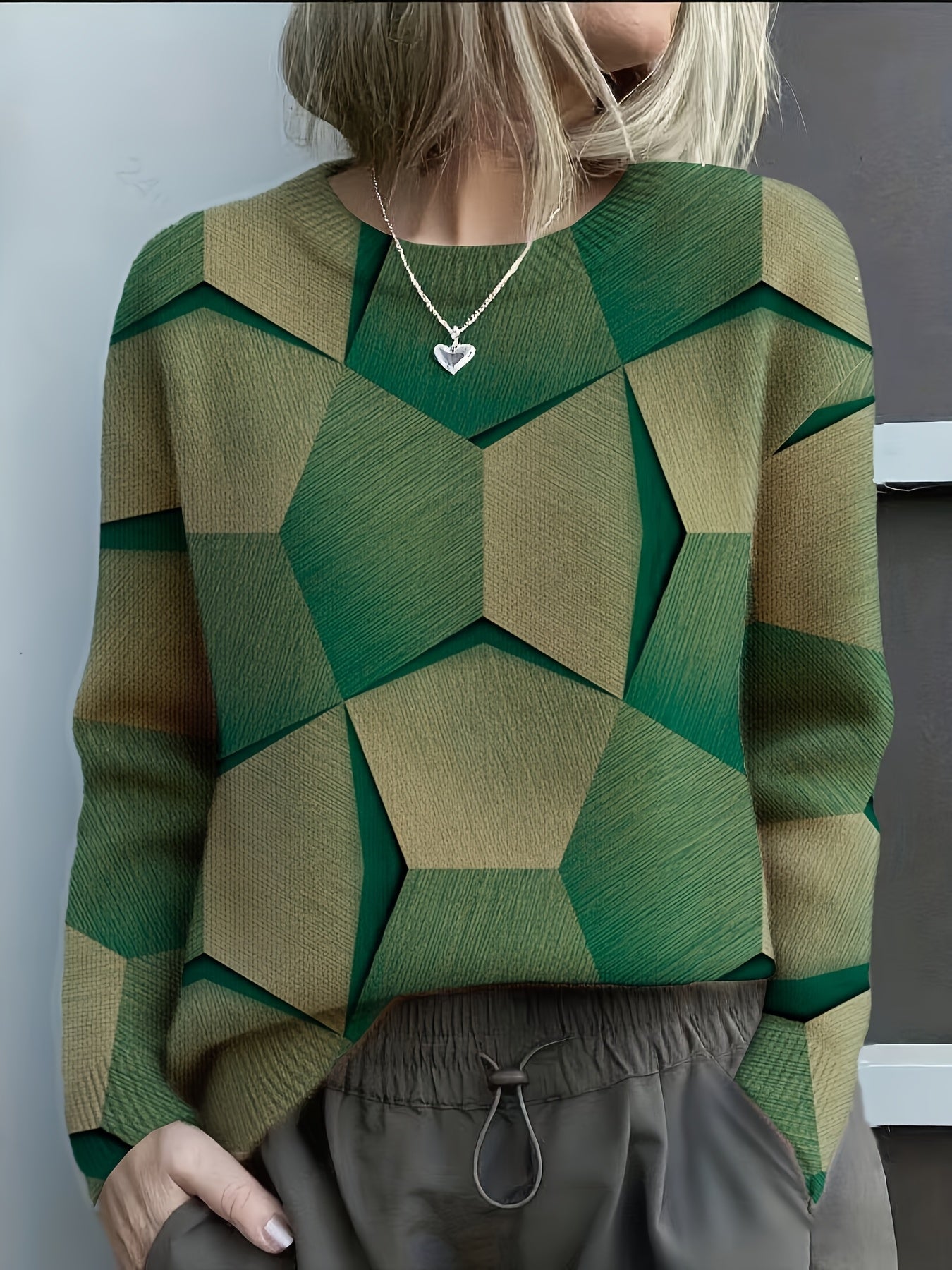 Cozy Knit Sweater with Bold Geometric 3D Prints