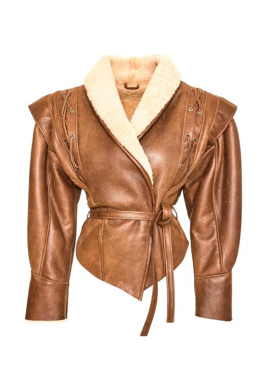 Chic Faux Fur Trimmed PU Leather Lace-Up Coat