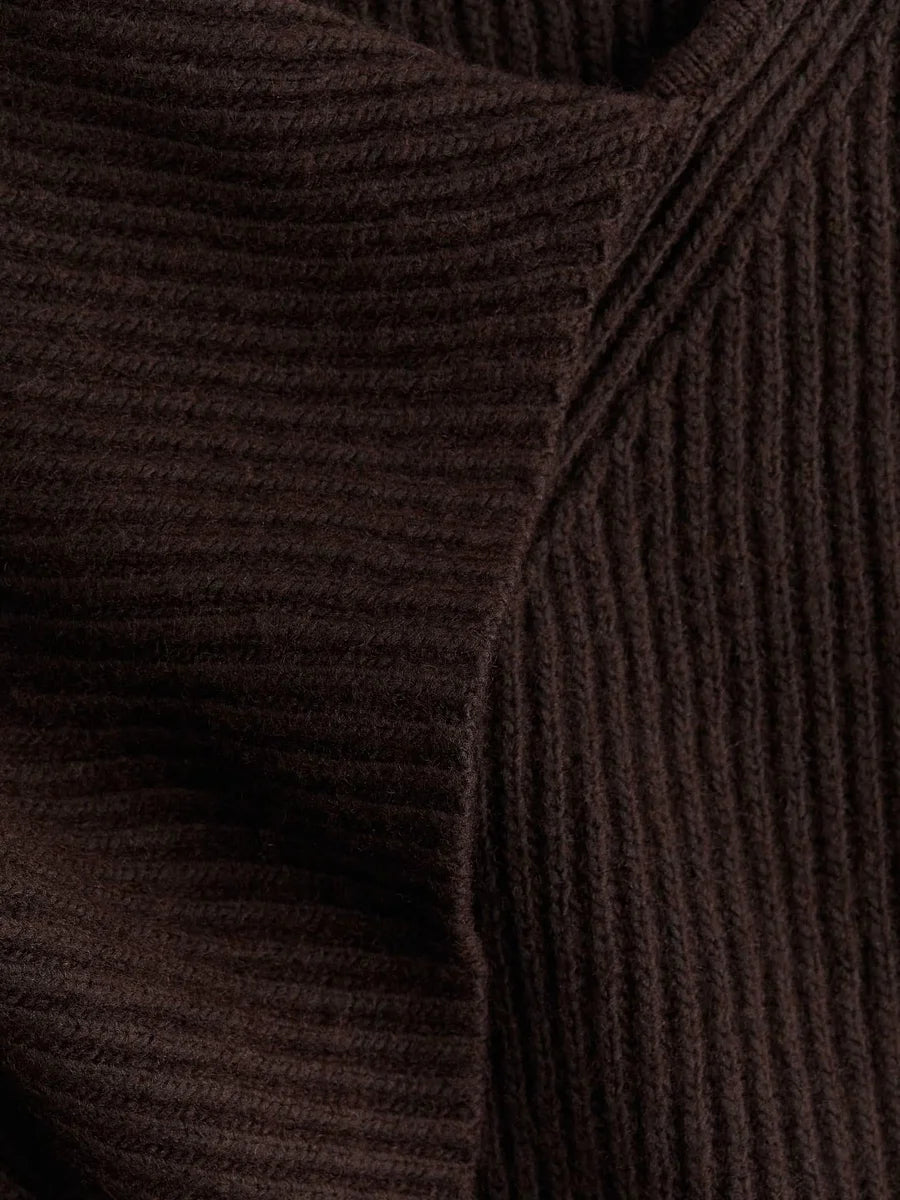 Chocolate Brown Ribbed Sweater with Attached Scarf
