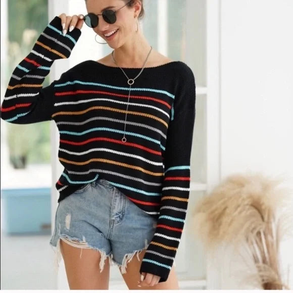Cozy Striped V-Neck Knit Sweater