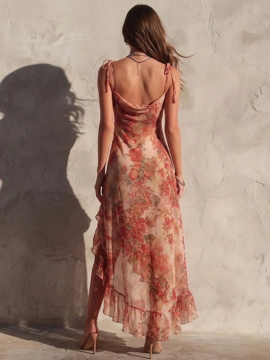 Asymmetric Floral Ruffle Dress with Slit
