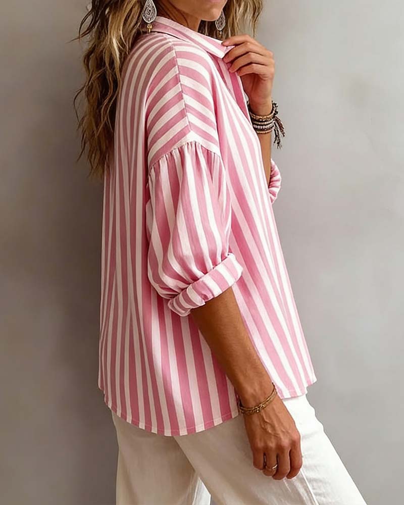 Casual Striped Collared Blouse
