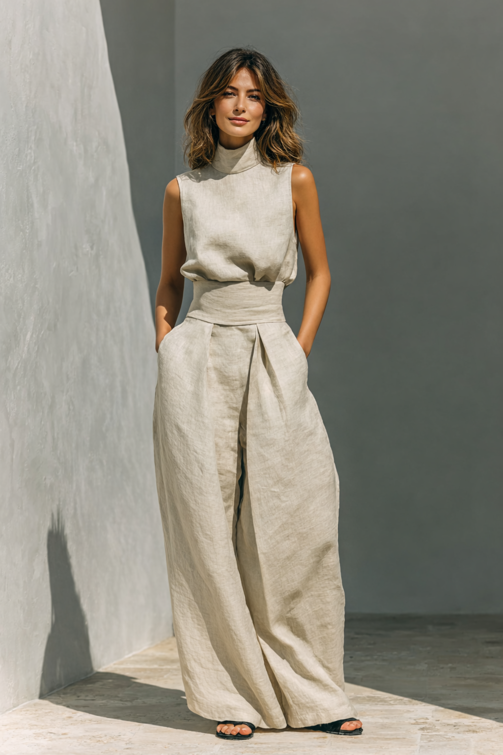 Maria - Minimalist Cotton Linen Tank & Wide-Leg Pants Set