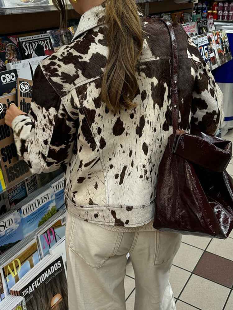 Cow Print Notched Collar Jacket with Stylish Snap Buttons