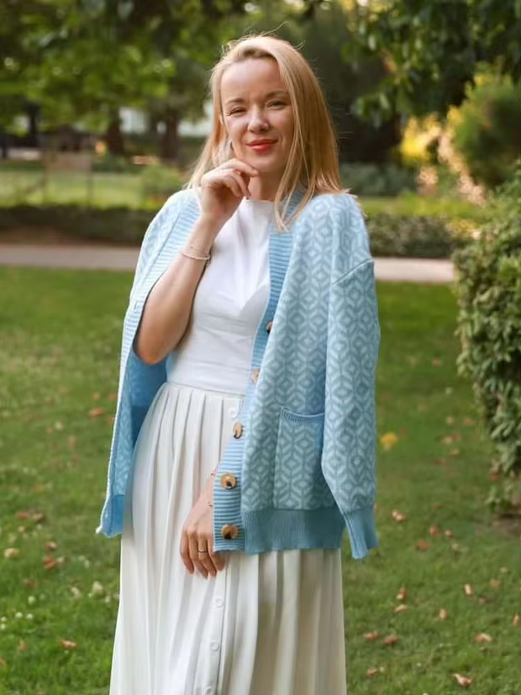 Cozy Geometric Pattern Button-Up Cardigan