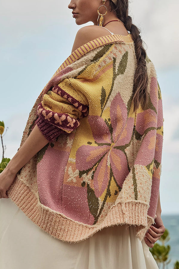 Cozy Floral Knit Cardigan with Loose Fit and Long Sleeves