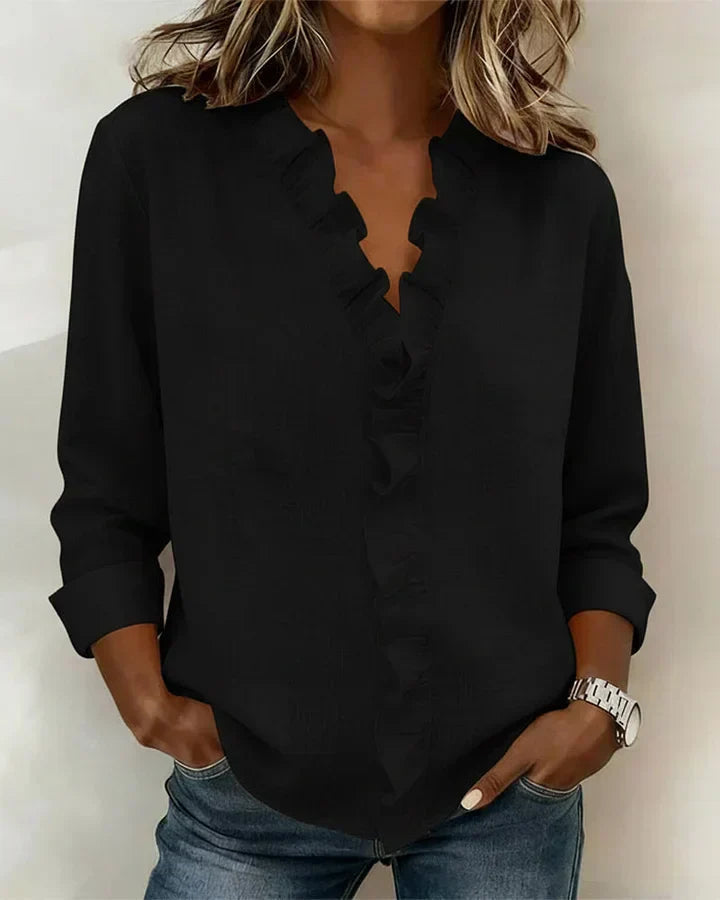 Ruffle V-Neck Blouse with Long Sleeves