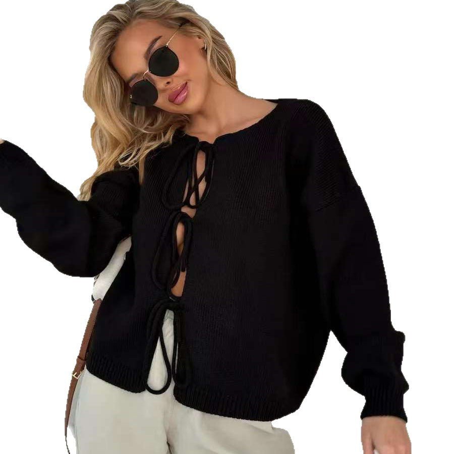 Chic Lace-Up Short Cardigan Sweater