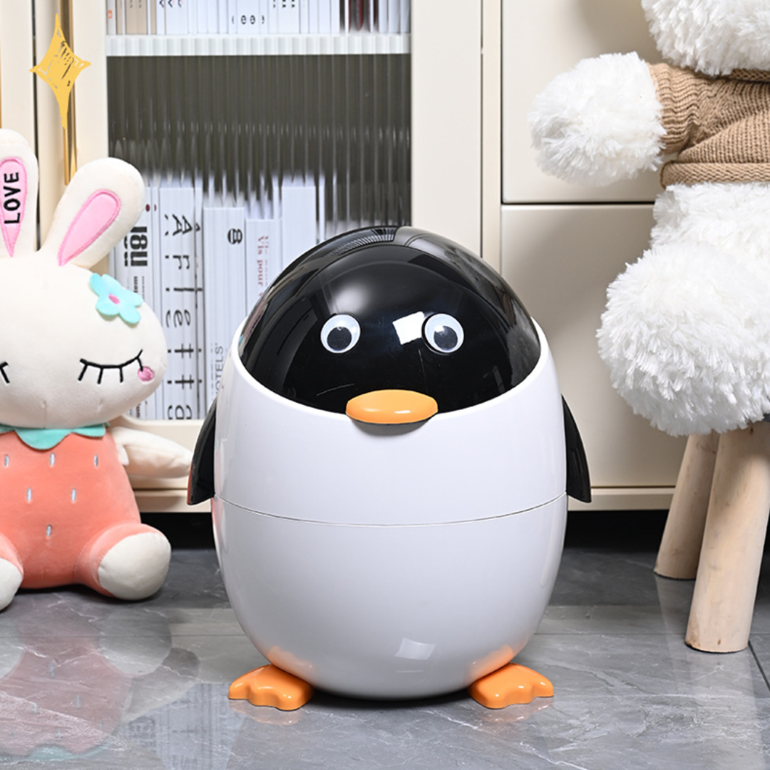 Cute Cartoon Penguin Trash Can with Flip Lid for Kids Room