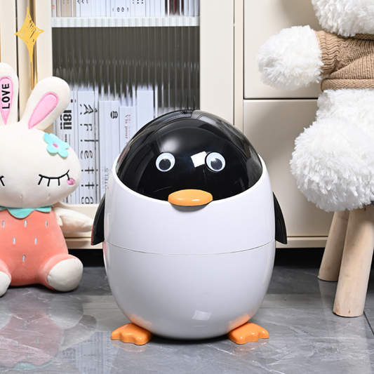Cute Cartoon Penguin Trash Can with Flip Lid for Kids Room