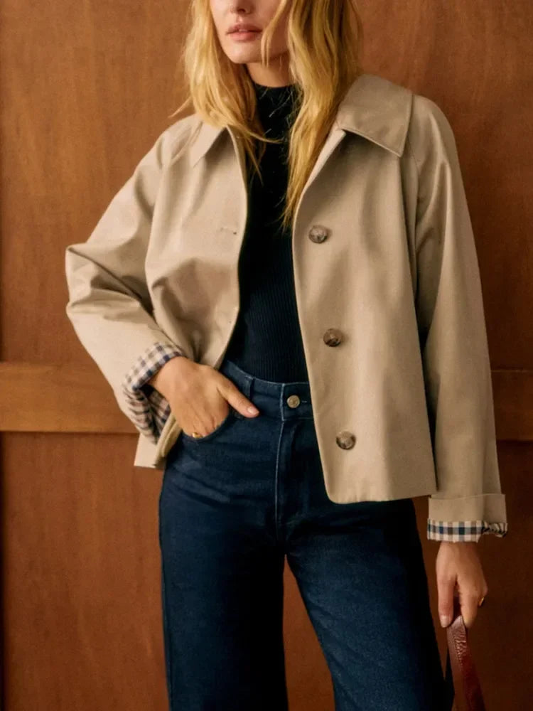 Classic Plaid Turn-Down Collar Trench Coat