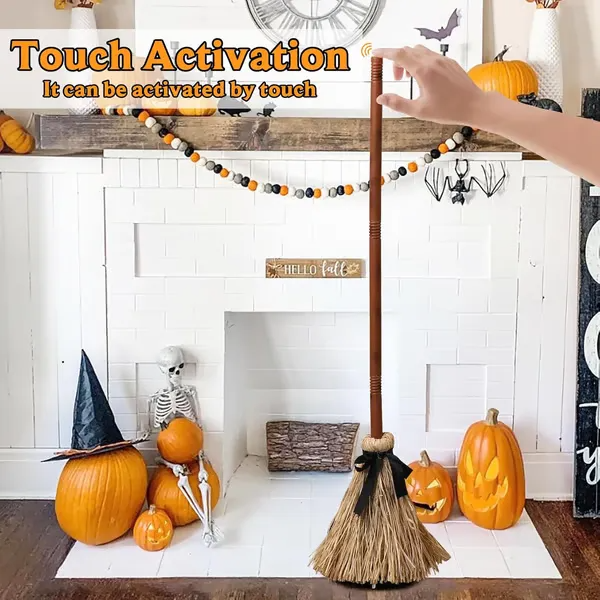 Interactive Floating Witch Broom Halloween Decor with Sound and Touch Response