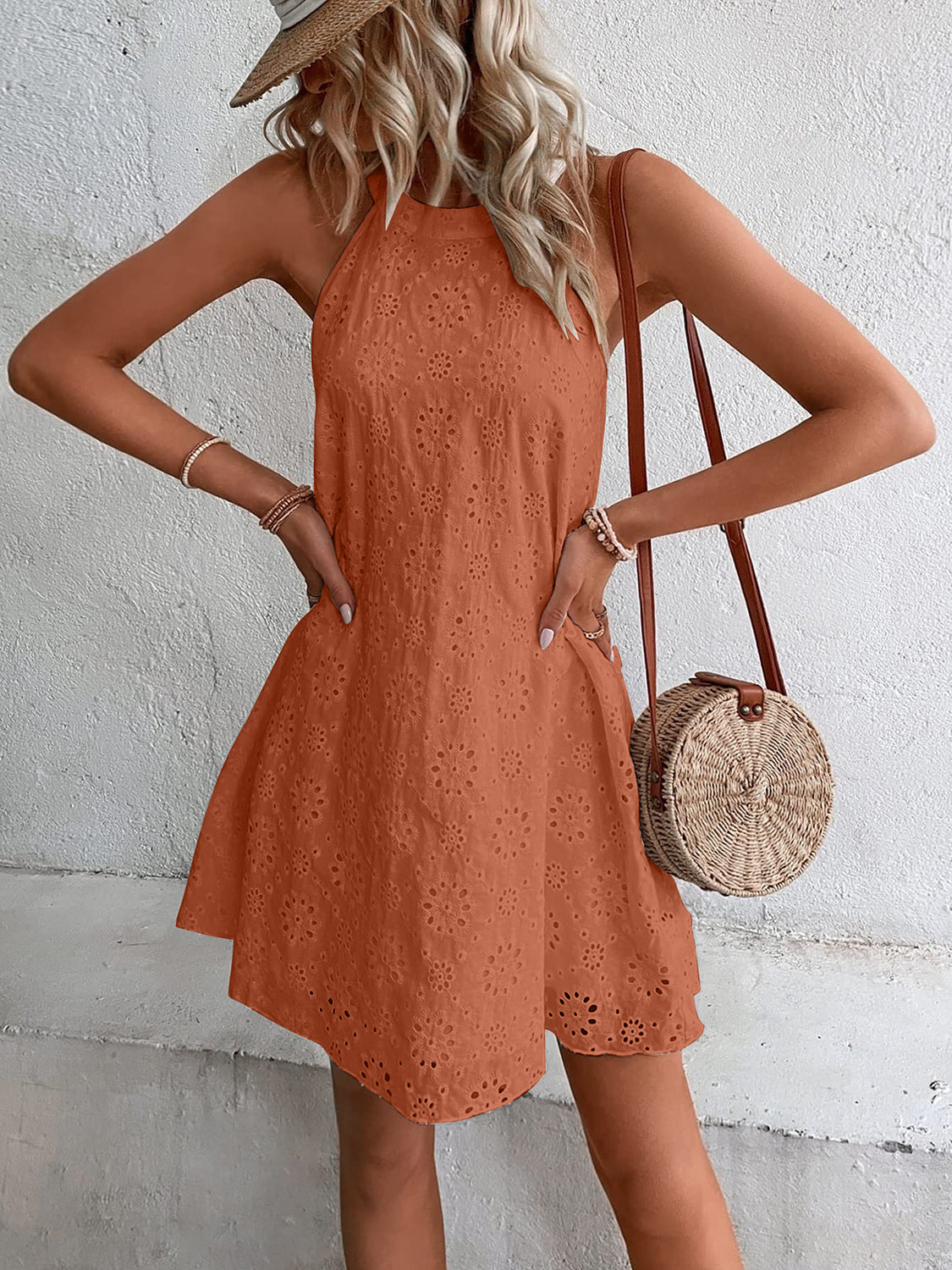 Eyelet Neck Mini Dress