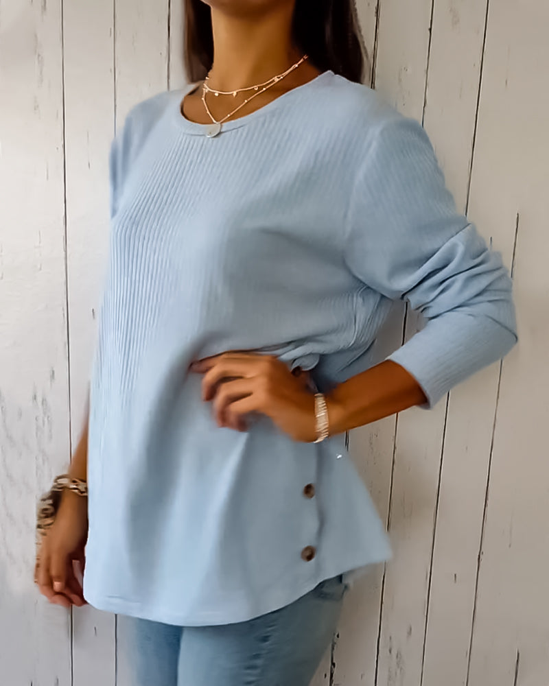 Ribbed Knit Long Sleeve Crew Neck T-Shirt for Women