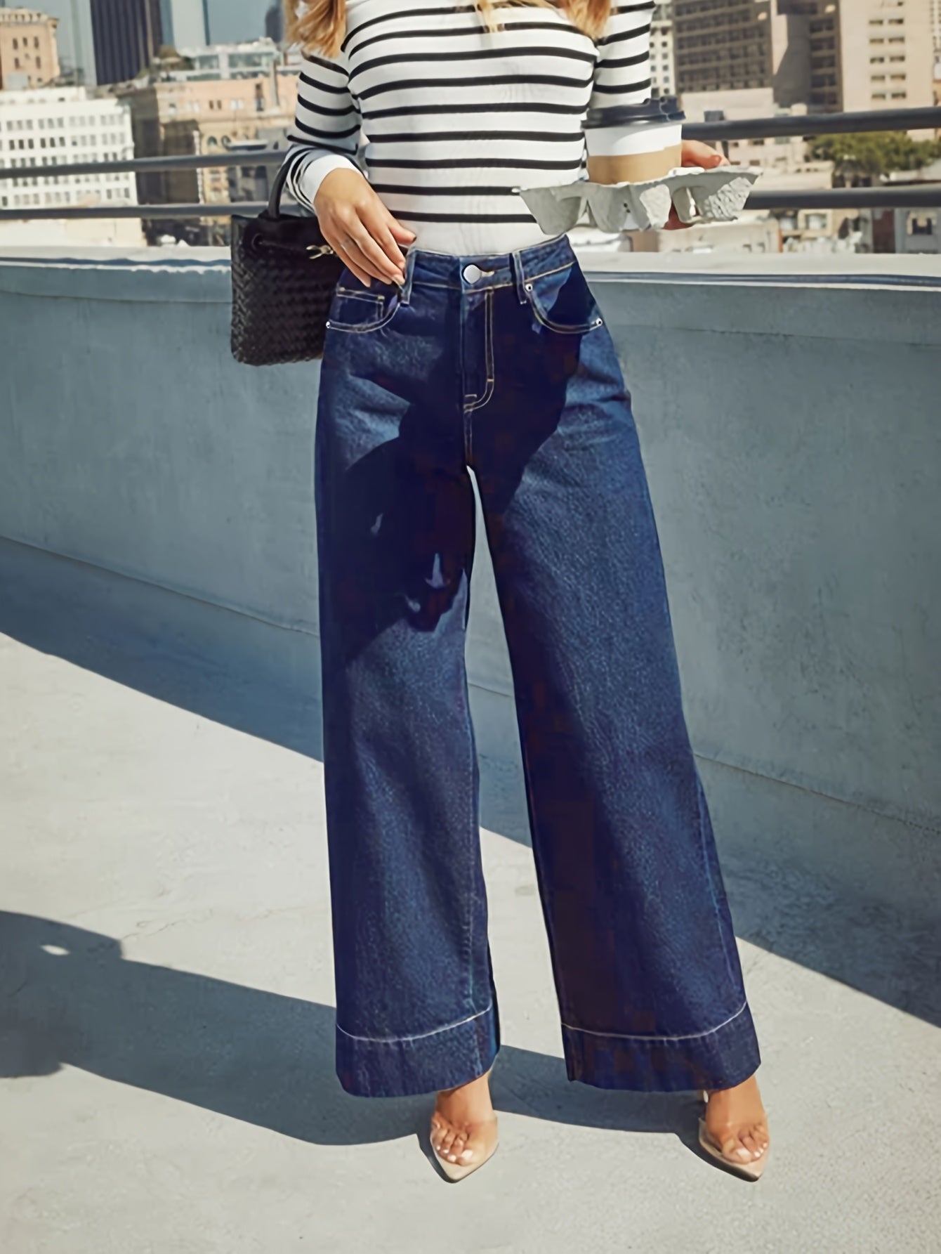 High-Waist Wide-Leg Stretch Denim Jeans with Cuffed Hem