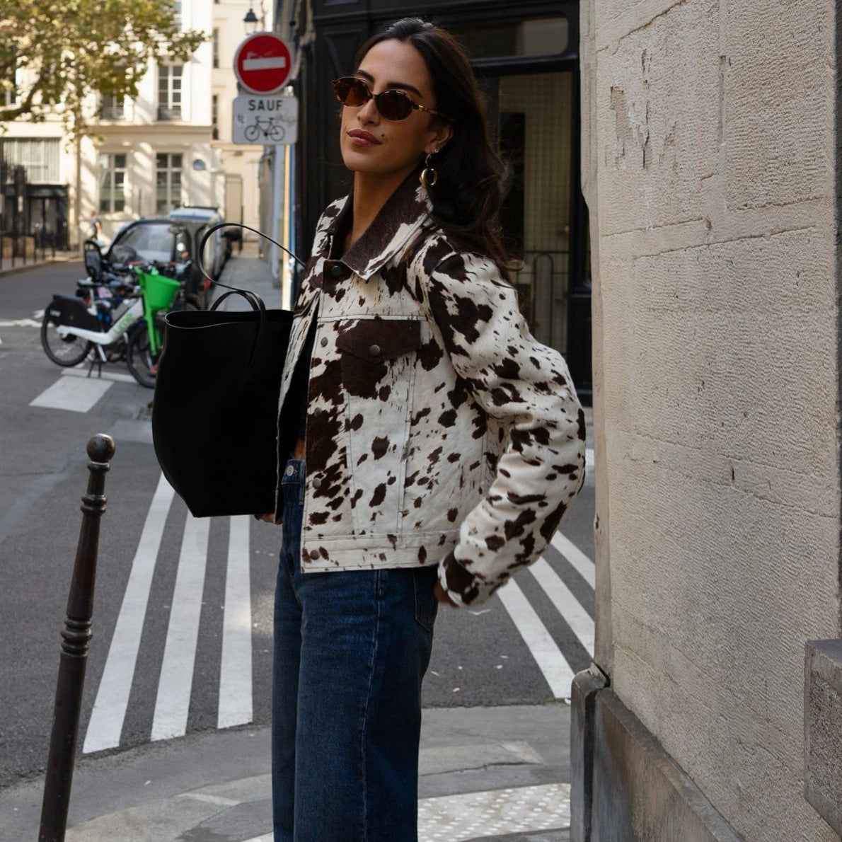 Cow Print Notched Collar Jacket with Stylish Snap Buttons