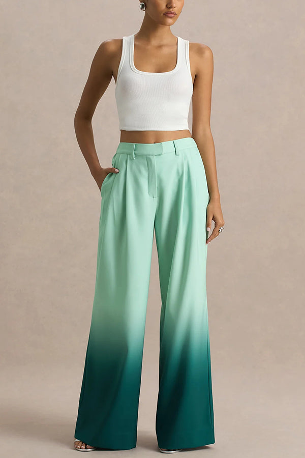Ombre Print Wide Leg Pants with Elastic Waist and Pockets