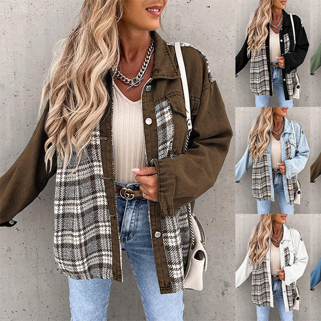 Chic Women’s Plaid Jacket with Classic Collar and Buttons