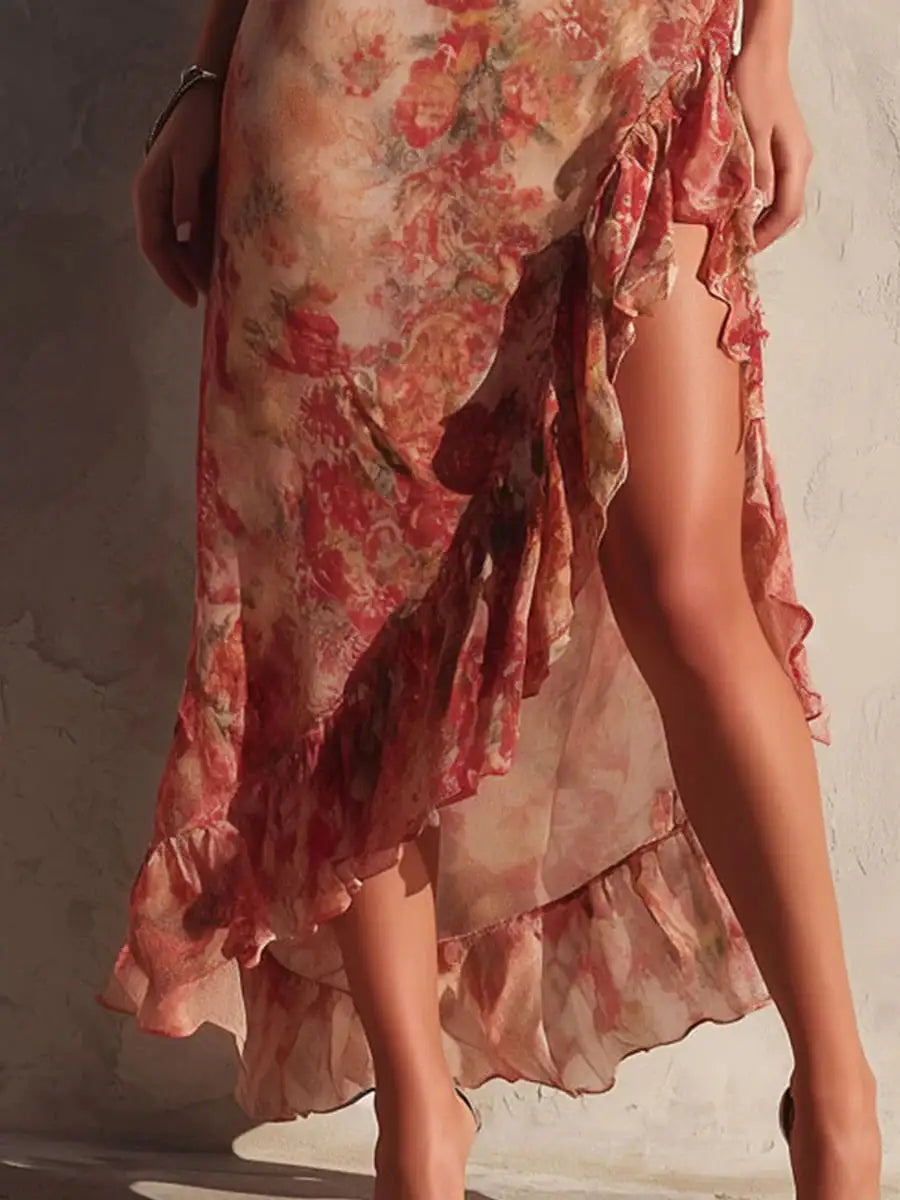 Asymmetric Floral Ruffle Dress with Slit