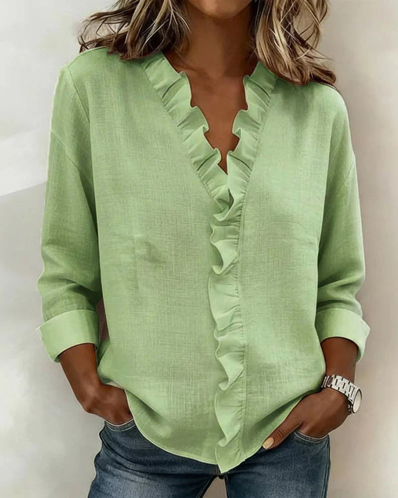 Ruffle V-Neck Blouse with Long Sleeves