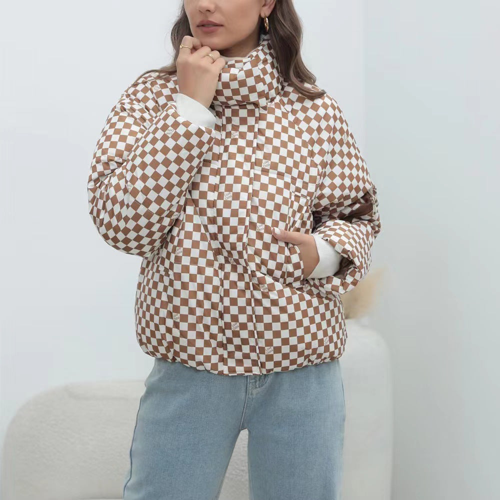 Women's Quilted Windproof Jacket with High Collar