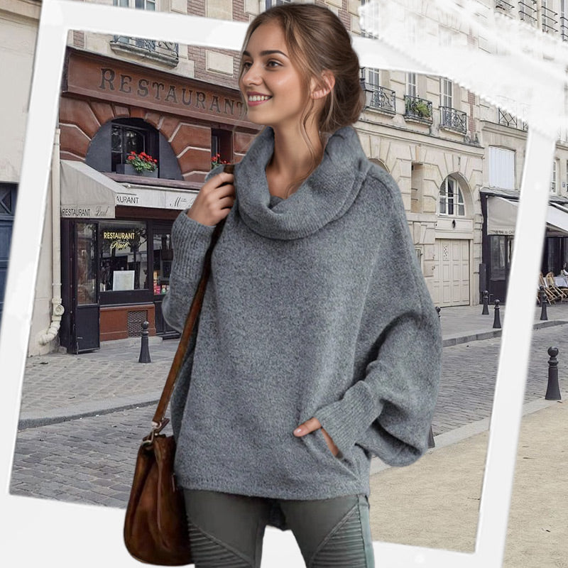 Cozy Batwing Cowl Neck Sweater with Pockets