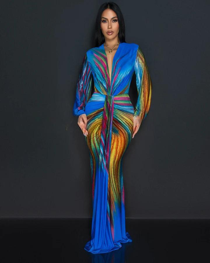Tie-Dye Pleated V-Neck Maxi Dress