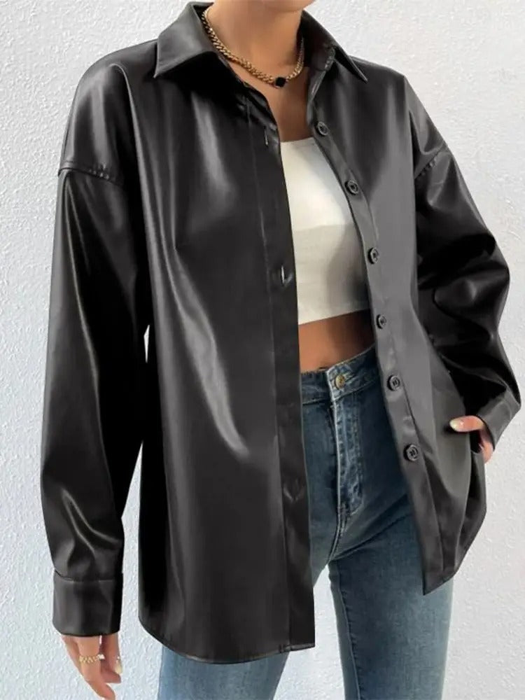 Vintage Leather Bomber Jacket with Lapel and Button Closure