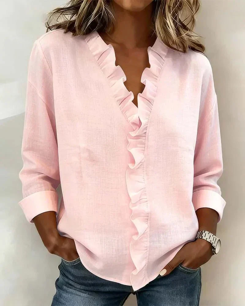 Ruffle V-Neck Blouse with Long Sleeves