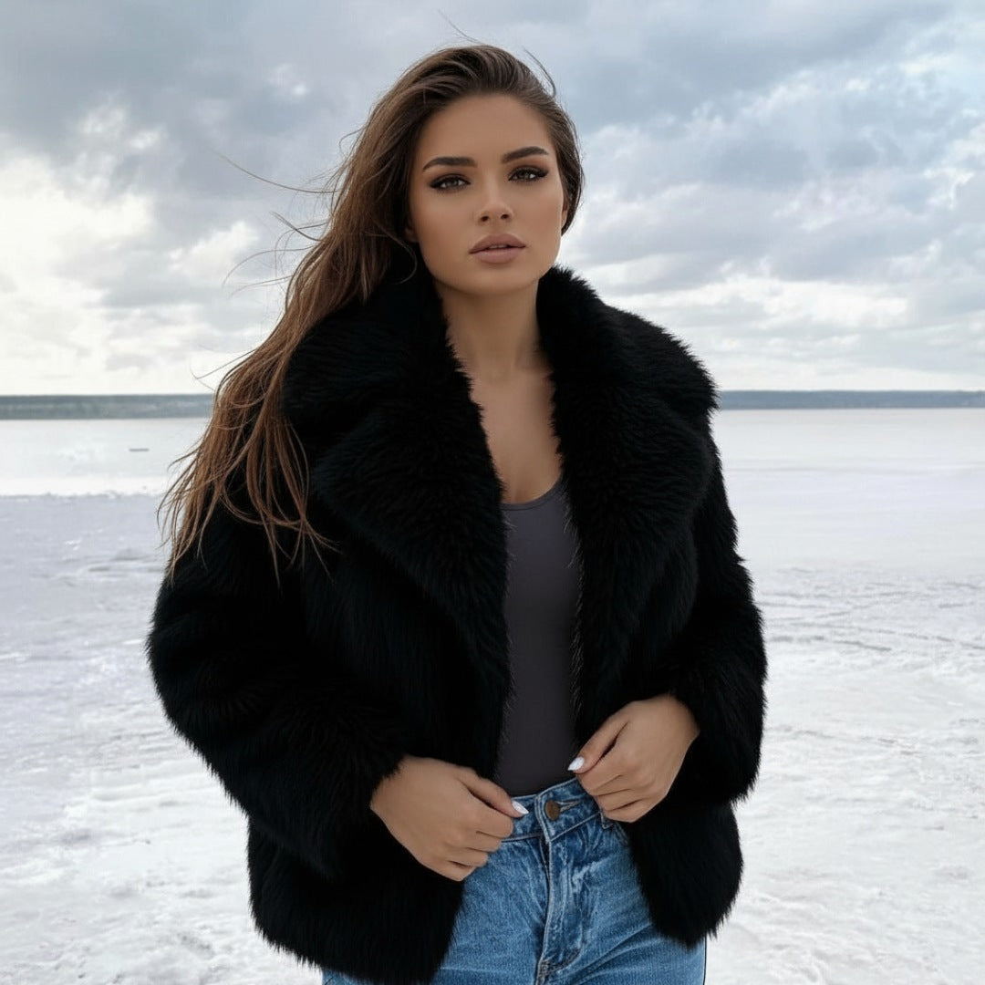 Elegant Faux Fur Coat with Voluminous Collar
