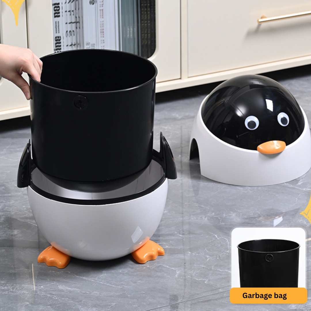 Cute Cartoon Penguin Trash Can with Flip Lid for Kids Room