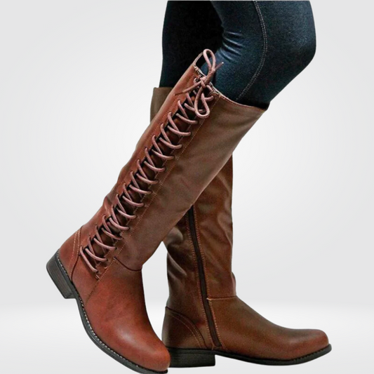 Women's Leather-Look Block Heel Boots with Zipper and Lacing