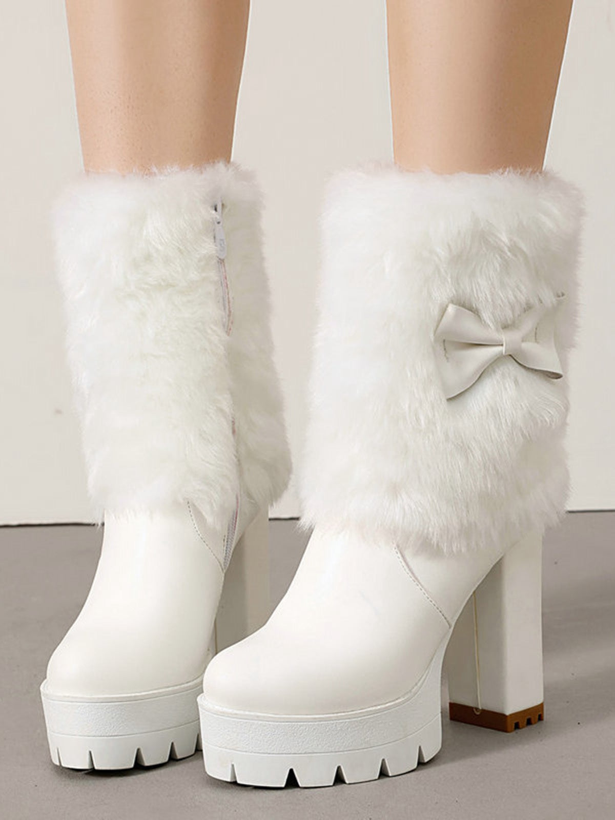 Chunky Heeled Plush Boots with Vintage Bow Accent