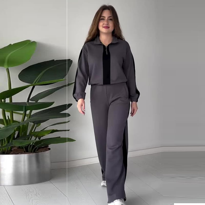 Chic Zipper Lapel Top and Pants 2-Piece Set