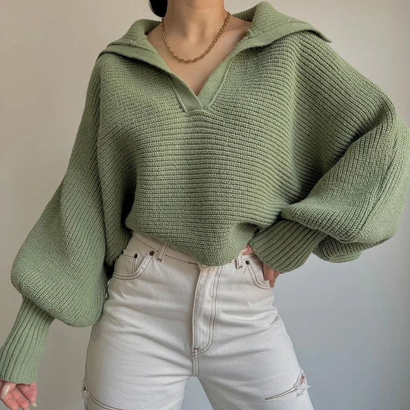 Cozy Lantern Sleeve Open Collar Knit Sweater