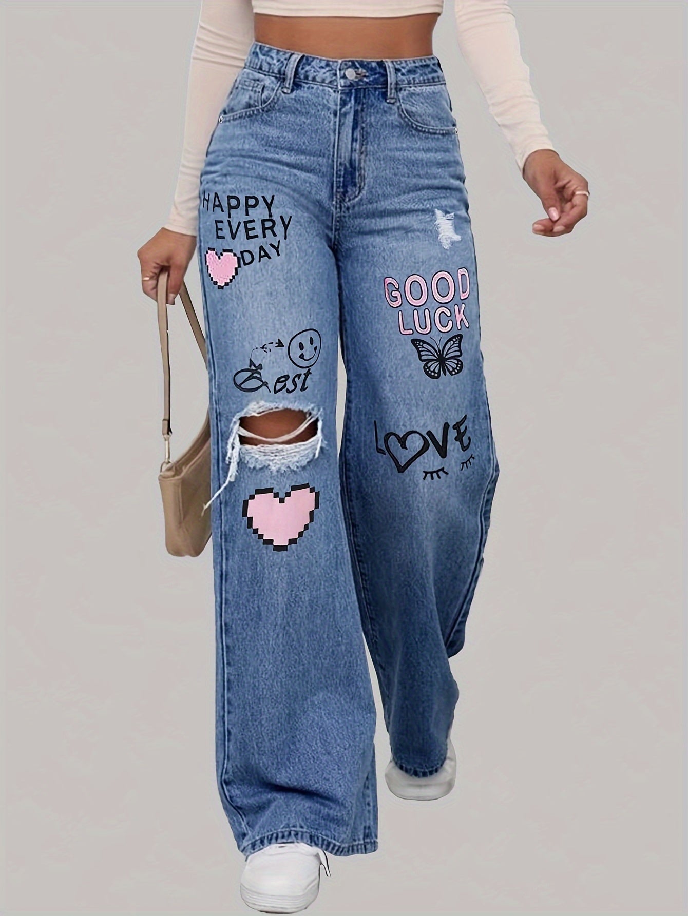 High-Waist Wide-Leg Denim Jeans with Bold Graphic Prints