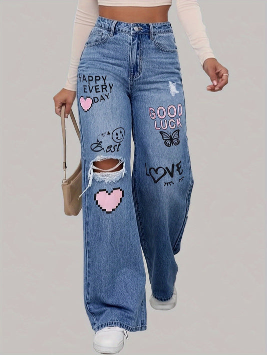 High-Waist Wide-Leg Denim Jeans with Bold Graphic Prints