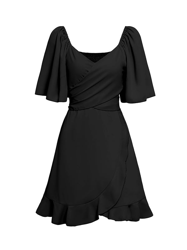 Flirty Ruffle Mini Dress with Tied Waist and Flared Sleeves