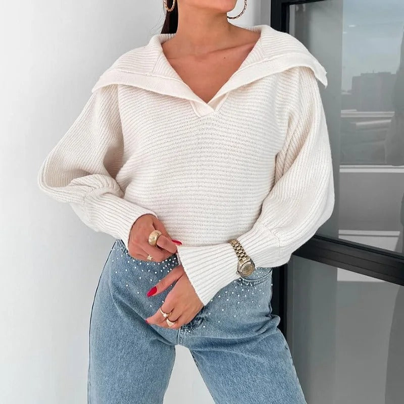 Cozy Lantern Sleeve Open Collar Knit Sweater