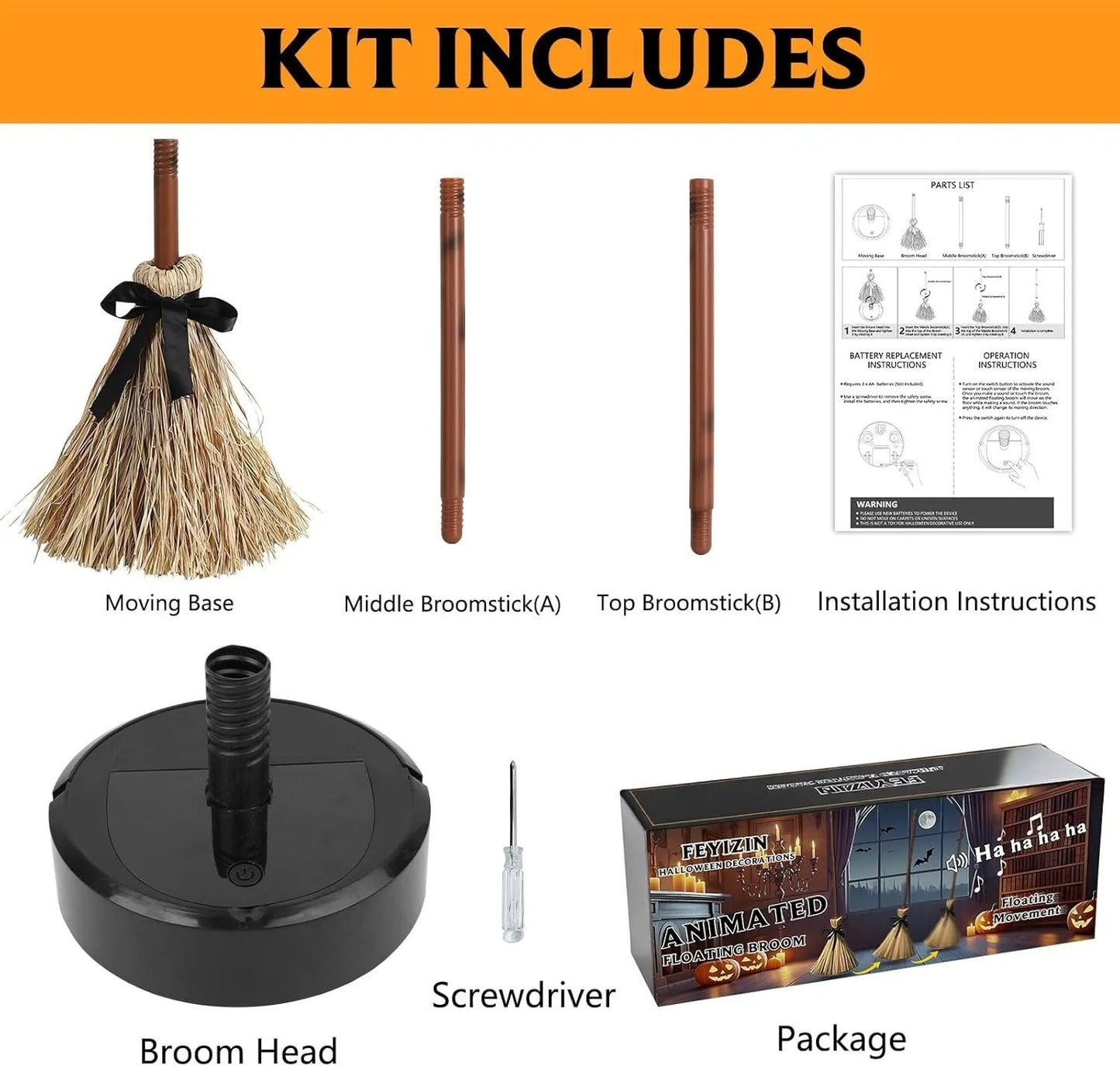 Interactive Floating Witch Broom Halloween Decor with Sound and Touch Response