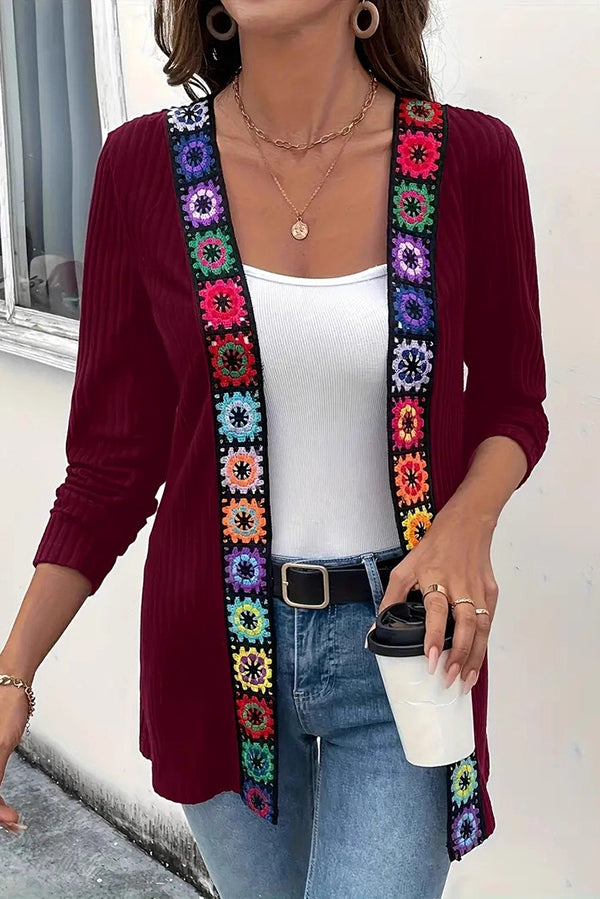 Boho Floral Edge Knit Long Sleeve Cardigan