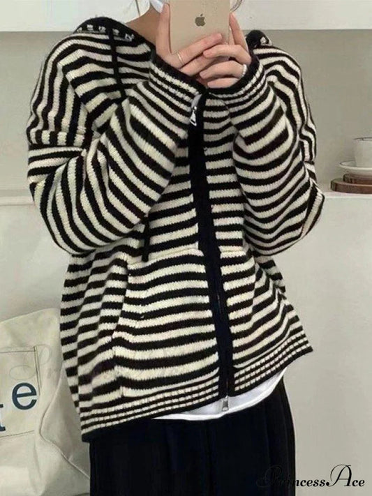 Cozy Striped Hooded Zipper Cardigan