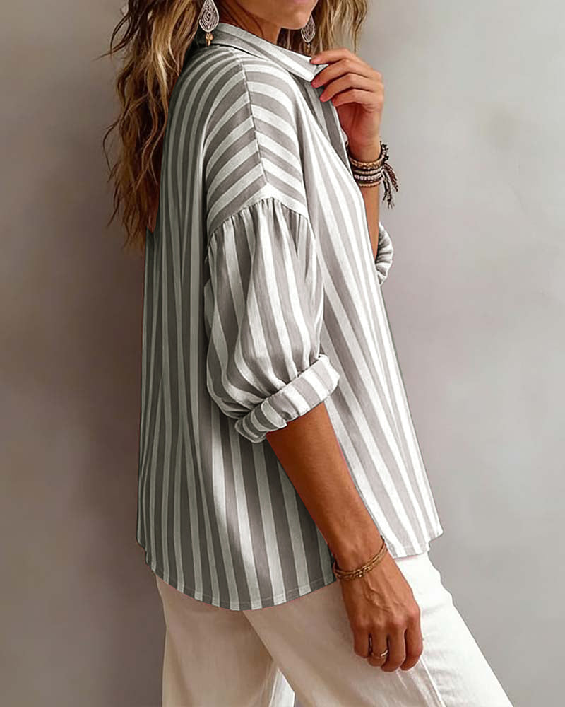 Casual Striped Collared Blouse
