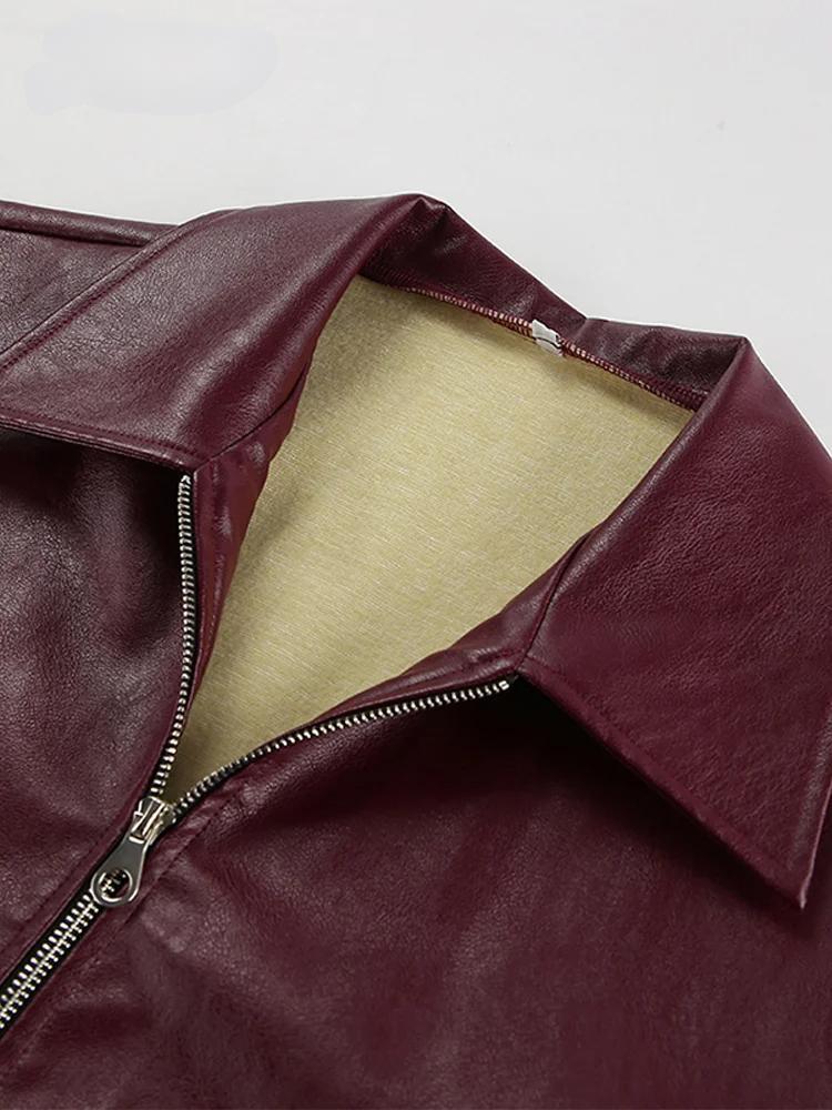 Burgundy Faux Leather Jacket with Stylish Lapel and Zipper Detail