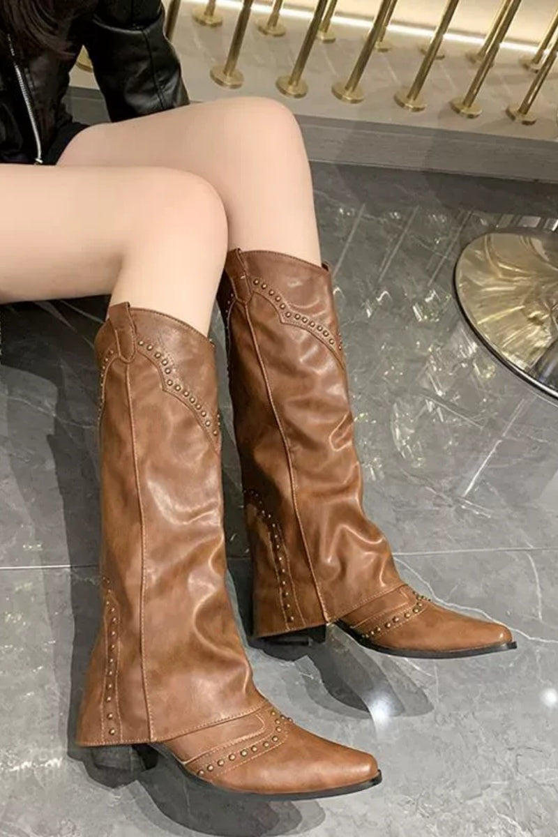 Vintage Leather Rivet High-Leg Boots
