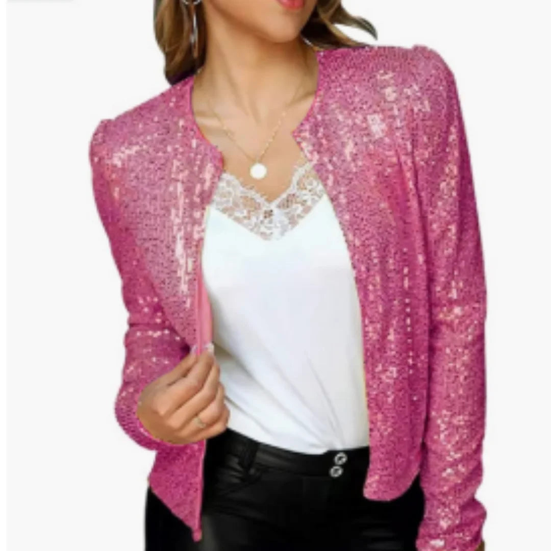Sparkling Sequin Party Jacket with Front Zipper